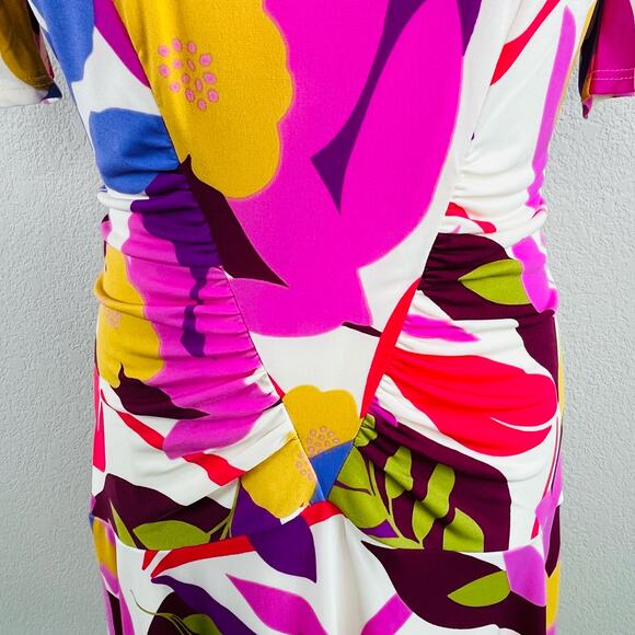 Donna Morgan White Multi Floral Ruched Short Sleeve Mini Dress 8/Medium NWOT - Picture 9 of 16